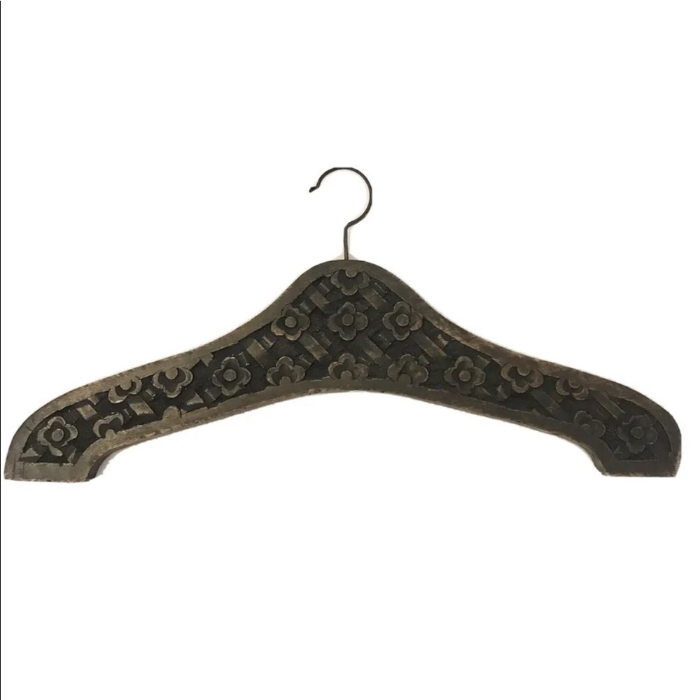 Handcarved Wooden Floral Embossed Clothing Hanger In  Antique Brown